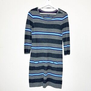 Tommy Hilfiger Button Shoulder Gray and Blue Striped Pocketed Sweater Dress XS